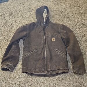 Carhartt Men's Workwear J141 DKB Sherpa Hooded Jacket Vintage Brown Size Small
